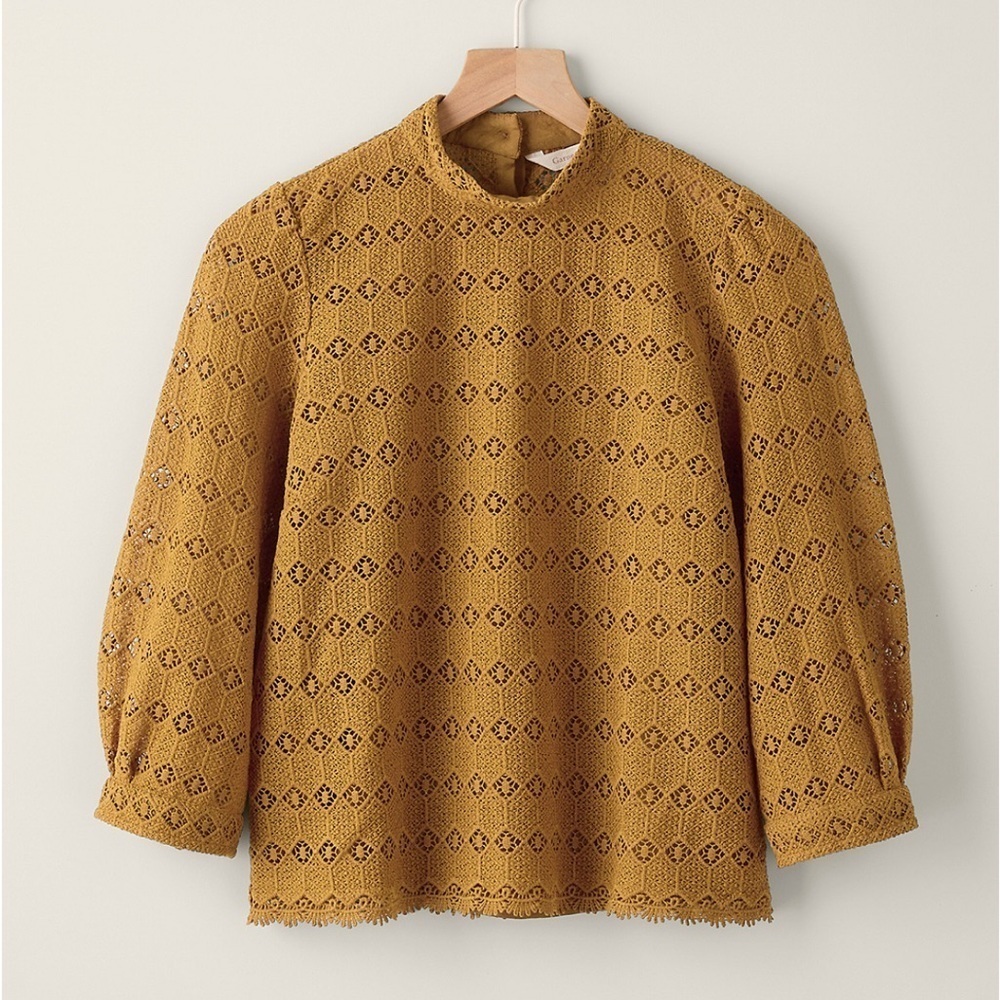 NWOT Garnet Hill Women's Teagan Lace Top Size L Mustard Yellow Brown 3/4 *W